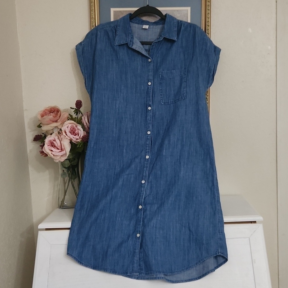 100%Cotton Chambray Cap-Sleeve Shirt Dress Size Medium  Casual Lounge  Coastal - Picture 7 of 11